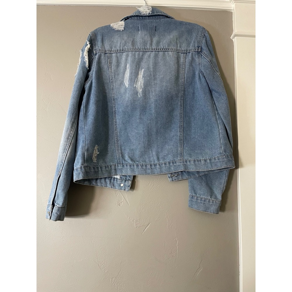 Cisono Distressed Denim Jacket Womens Small Medium Wash Trucker Jean Jacket - Picture 6 of 11